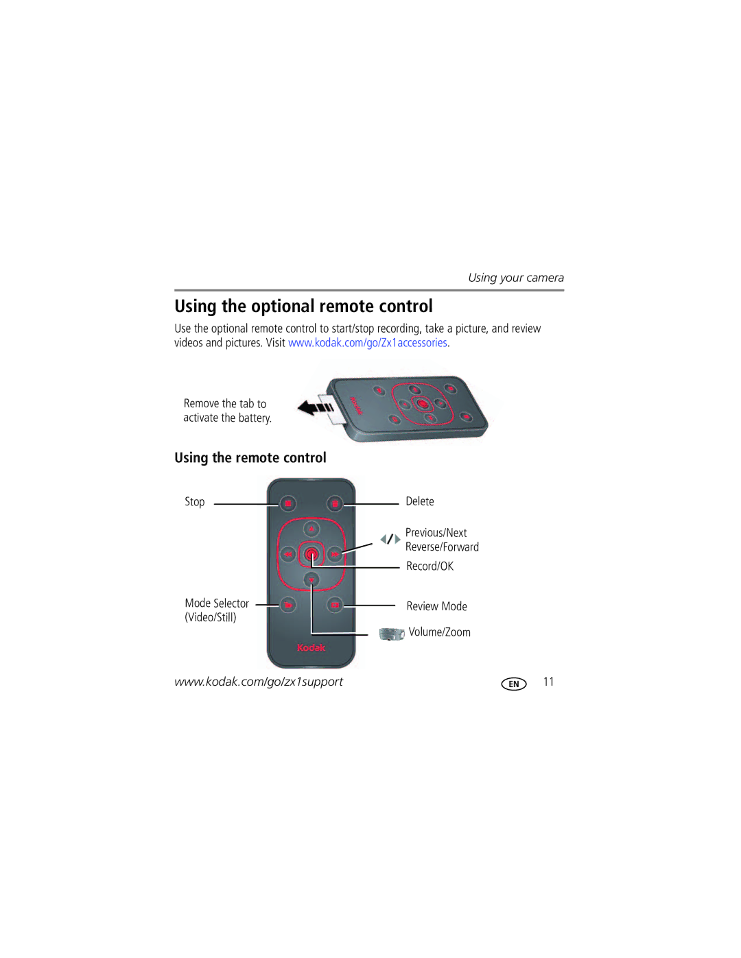 Kodak Zx1 manual Using the optional remote control, Using the remote control 