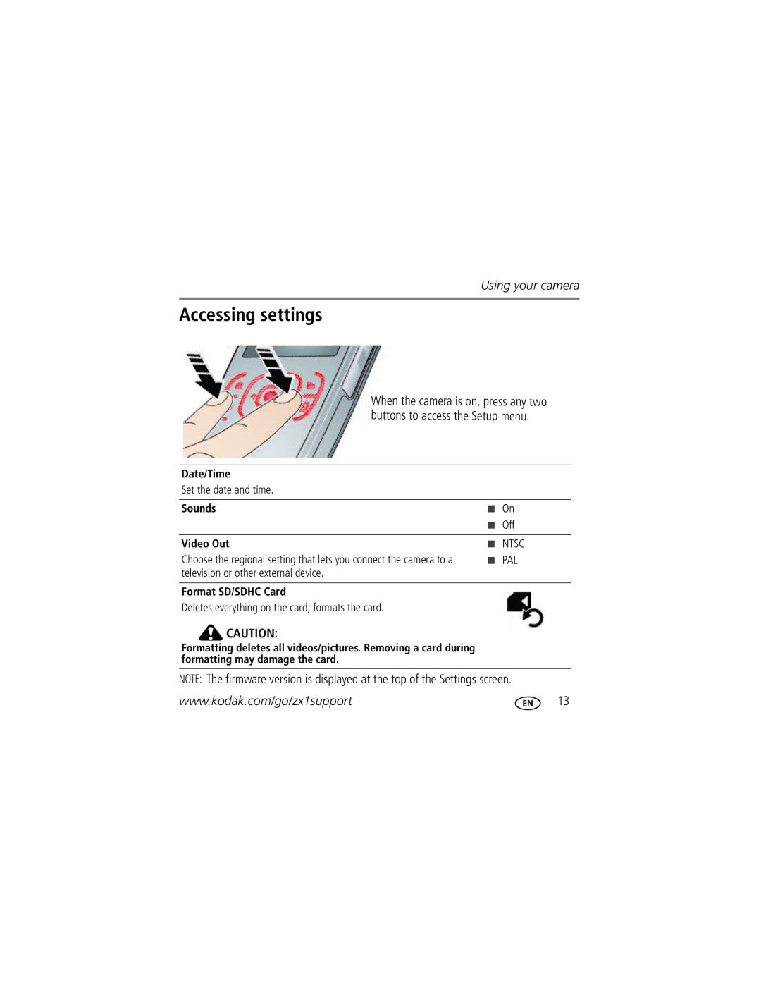 Kodak Zx1 manual Accessing settings, Buttons to access the Setup menu 