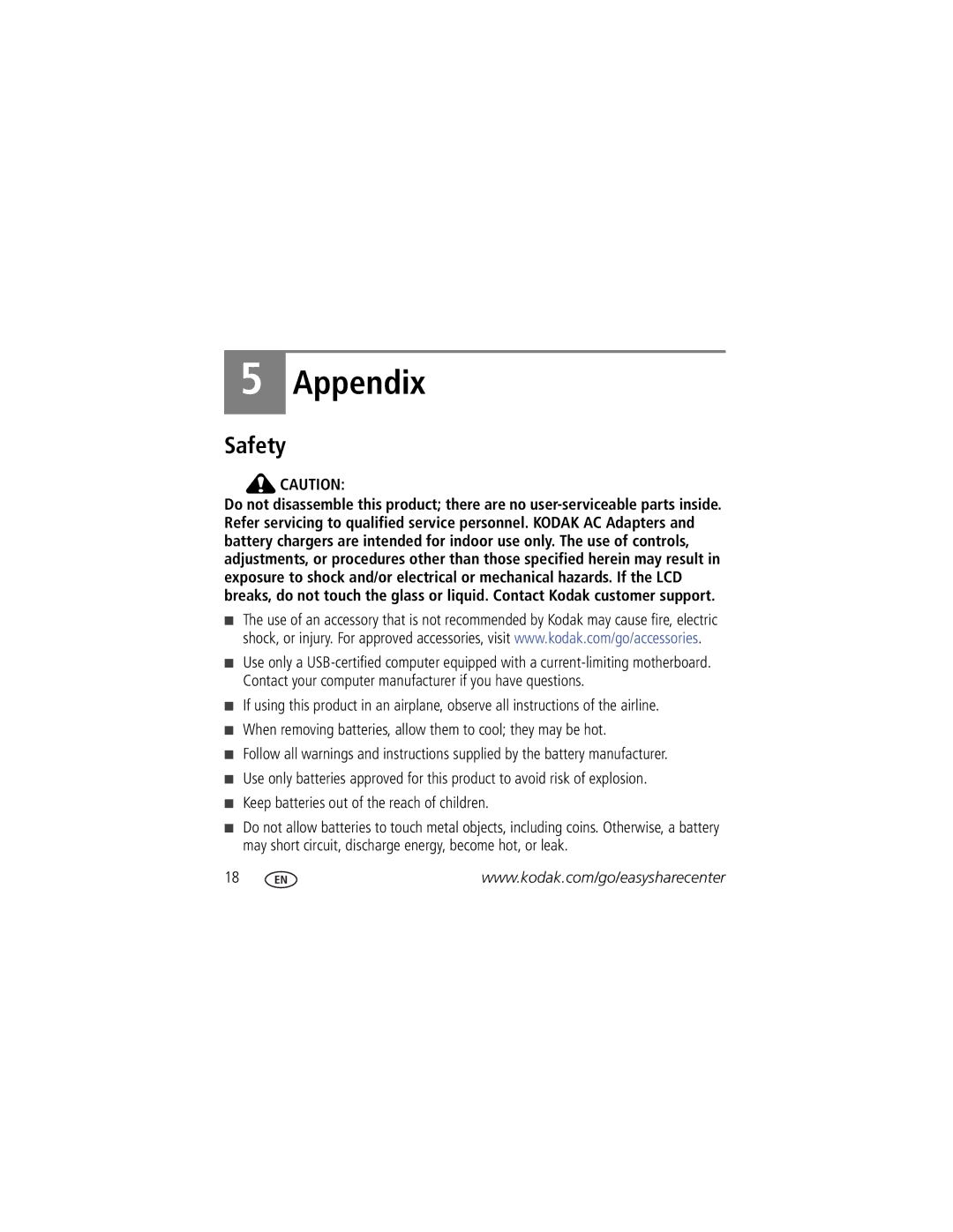 Kodak Zx1 manual Appendix, Safety 