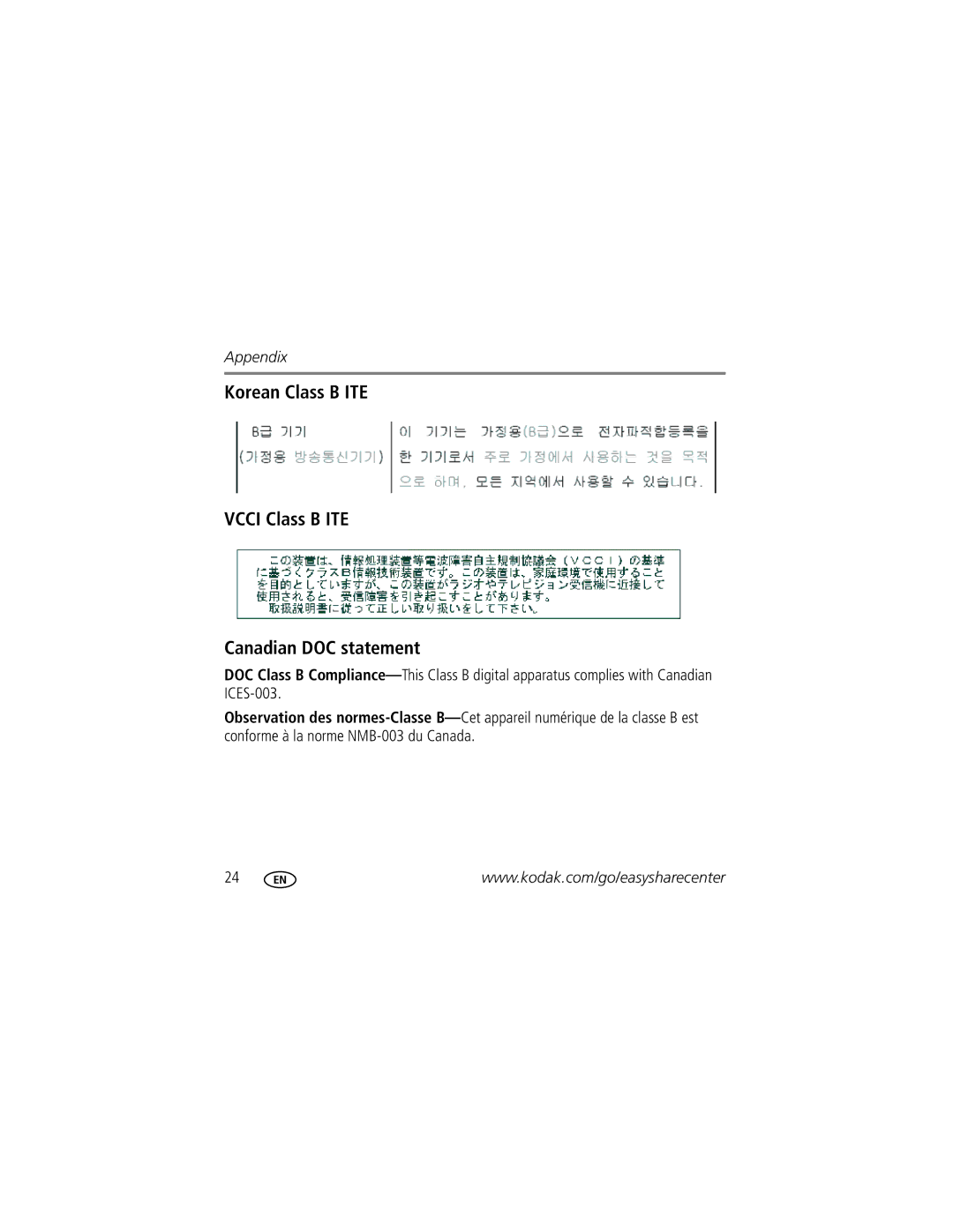 Kodak Zx1 manual Korean Class B ITE Vcci Class B ITE Canadian DOC statement 