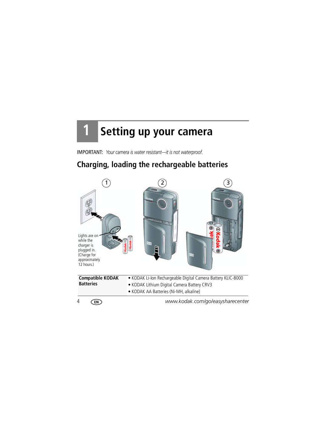 Kodak Zx1 manual Setting up your camera, Charging, loading the rechargeable batteries 