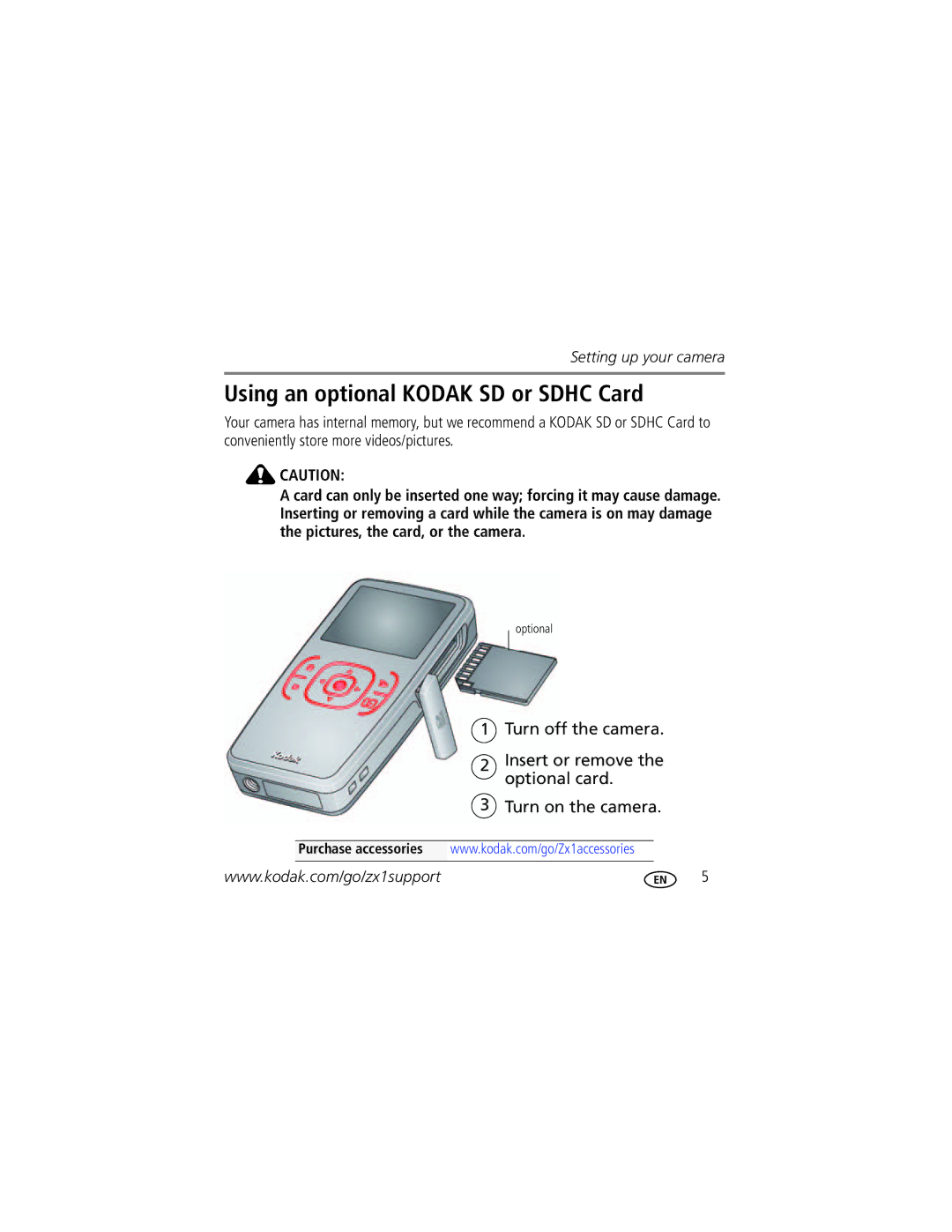 Kodak Zx1 manual Using an optional Kodak SD or Sdhc Card 