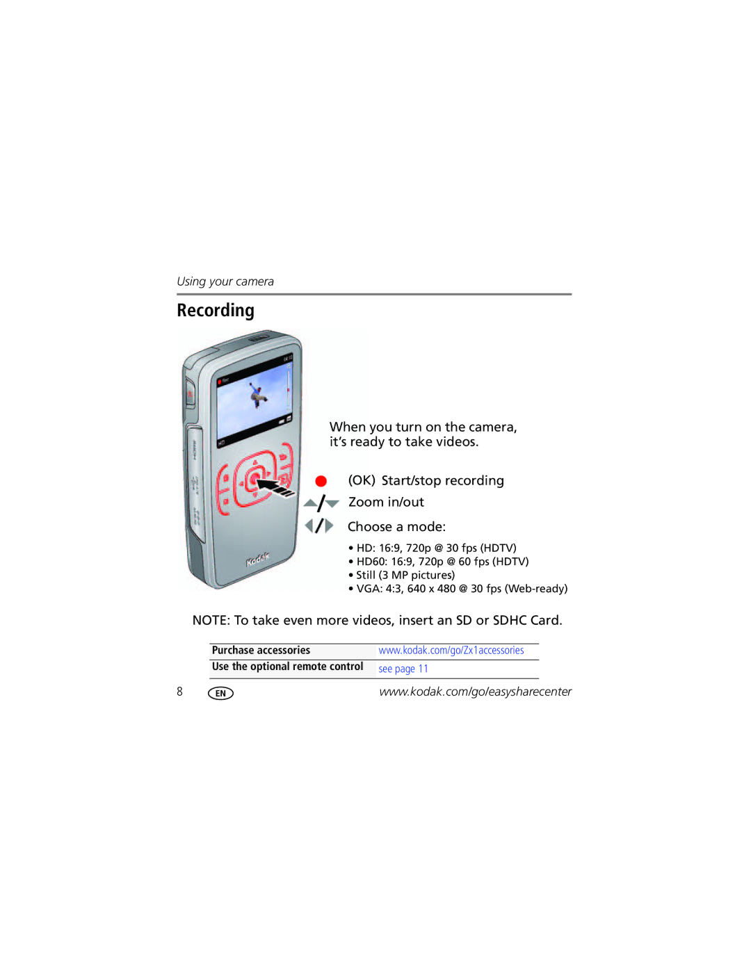 Kodak Zx1 manual Recording 