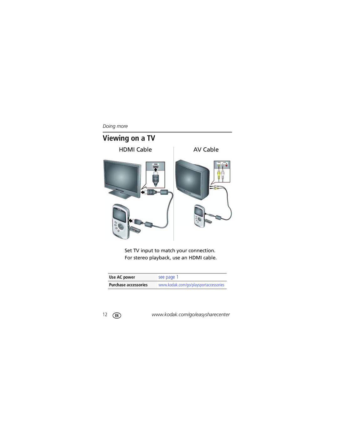 Kodak Zx3 manual Viewing on a TV, Hdmi Cable AV Cable 