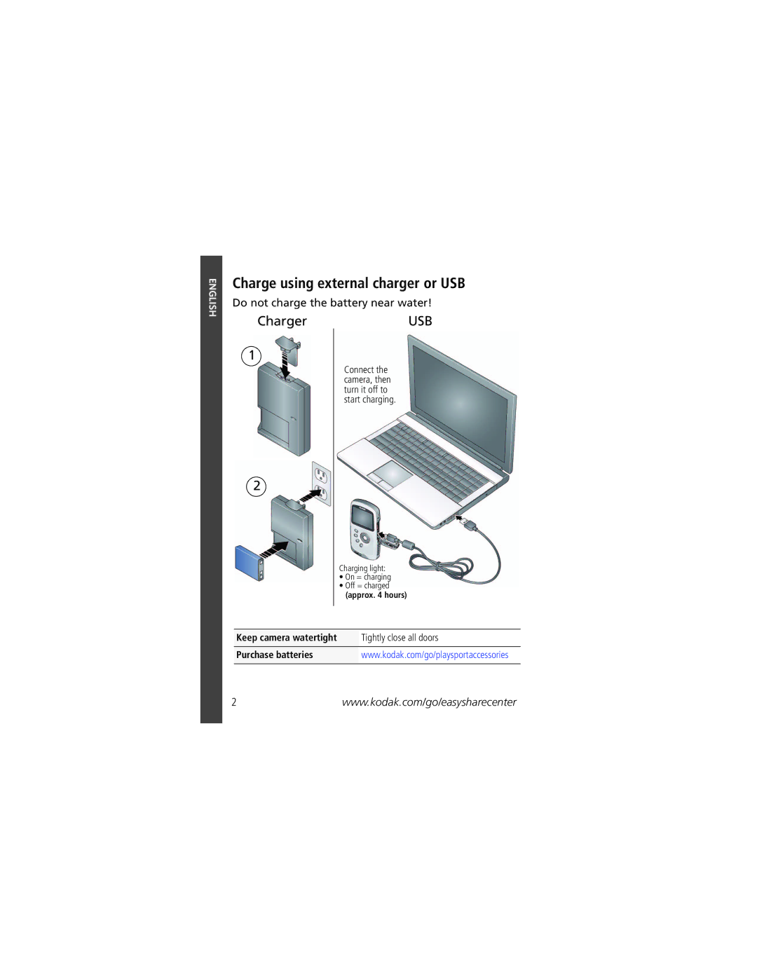 Kodak Zx3 manual Charge using external charger or USB, ChargerUSB 