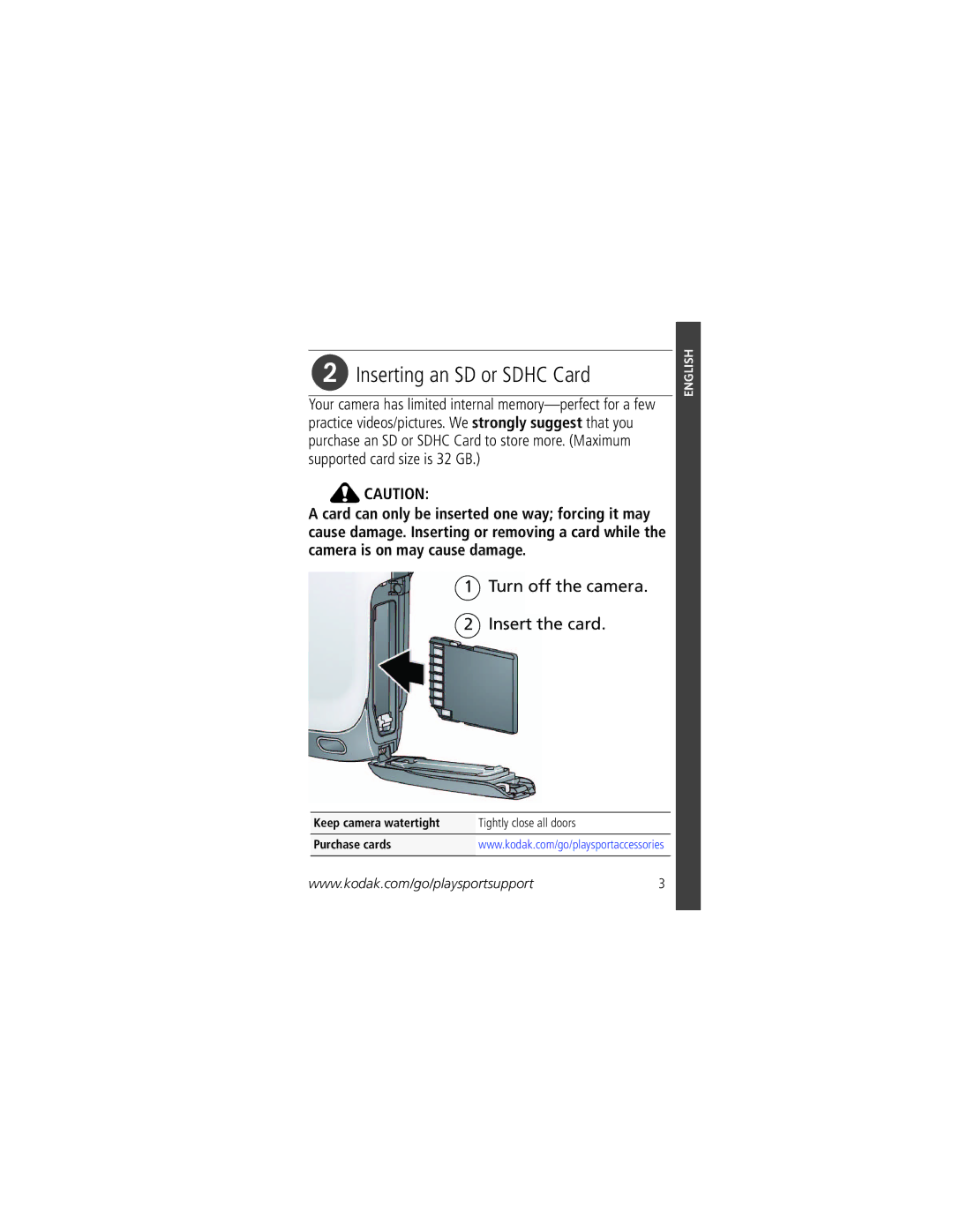 Kodak Zx3 manual Inserting an SD or Sdhc Card, Turn off the camera Insert the card 