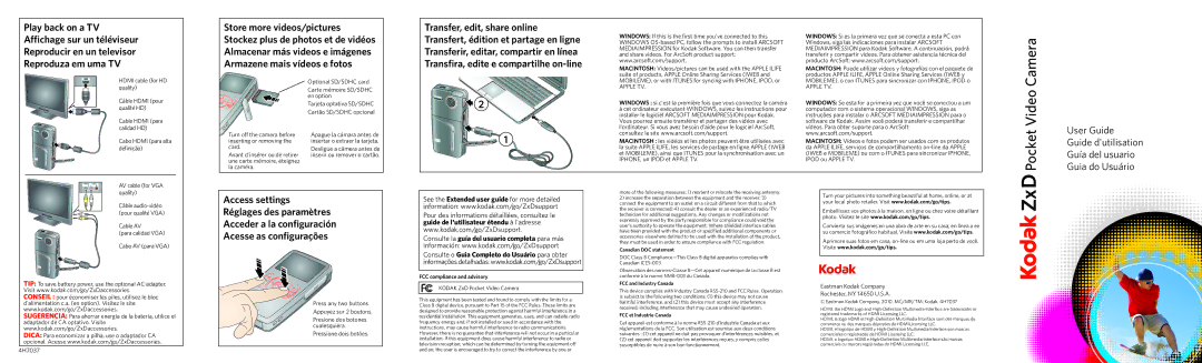 Kodak ZxD manual Play back on a TV, FCC compliance and advisory, Canadian DOC statement, FCC and Industry Canada 