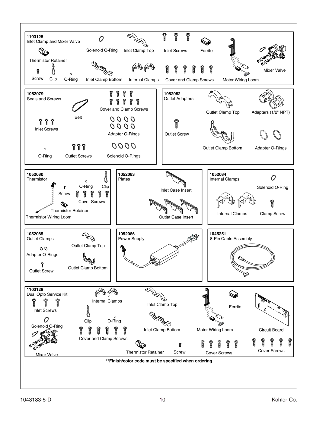 Kohler 1043183-5-D manual 1103125, 1052079 1052082, 1052080 1052083 1052084, 1052085 1052086 1045251, 1103128 