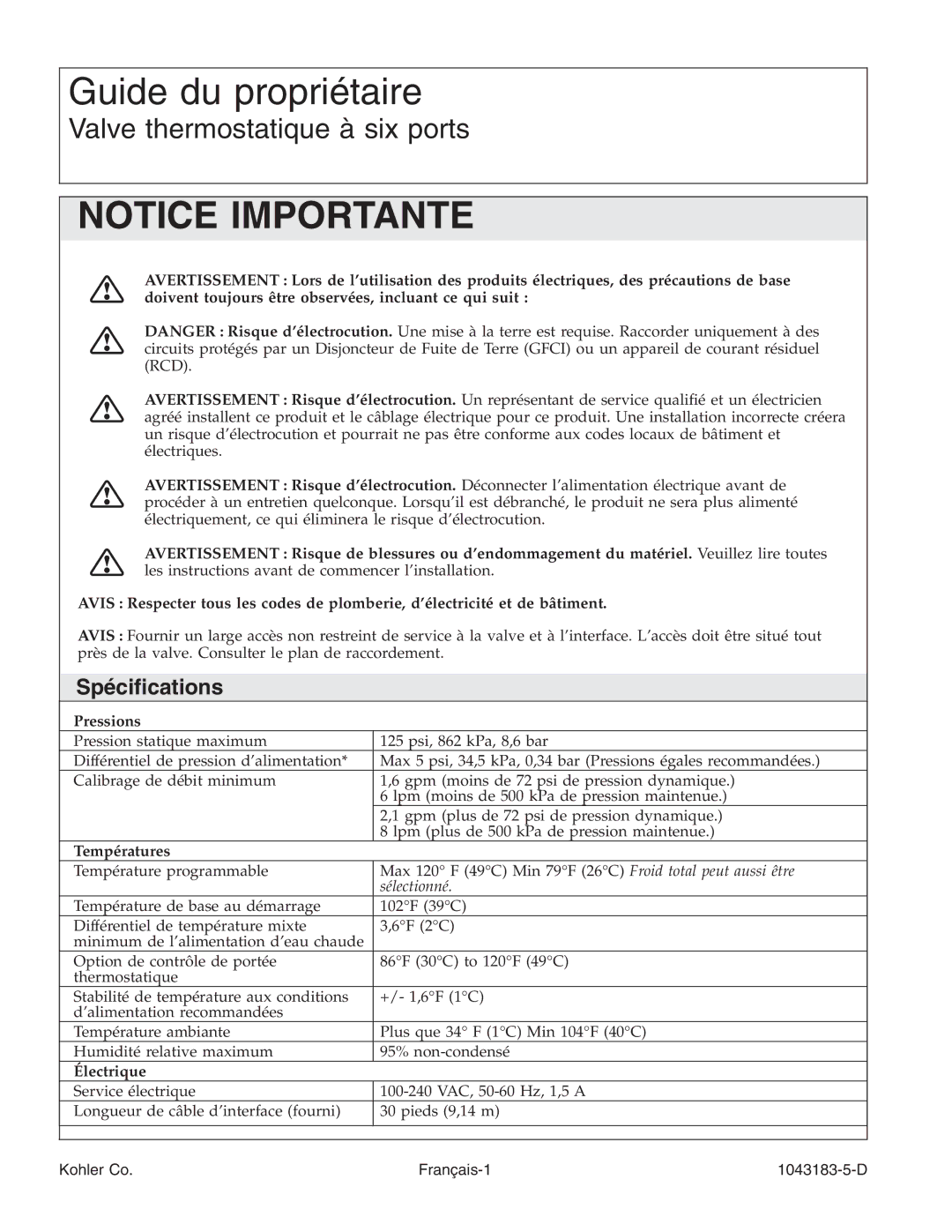 Kohler manual Spéciﬁcations, Pressions, Températures, Électrique, Kohler Co Français-1 1043183-5-D 