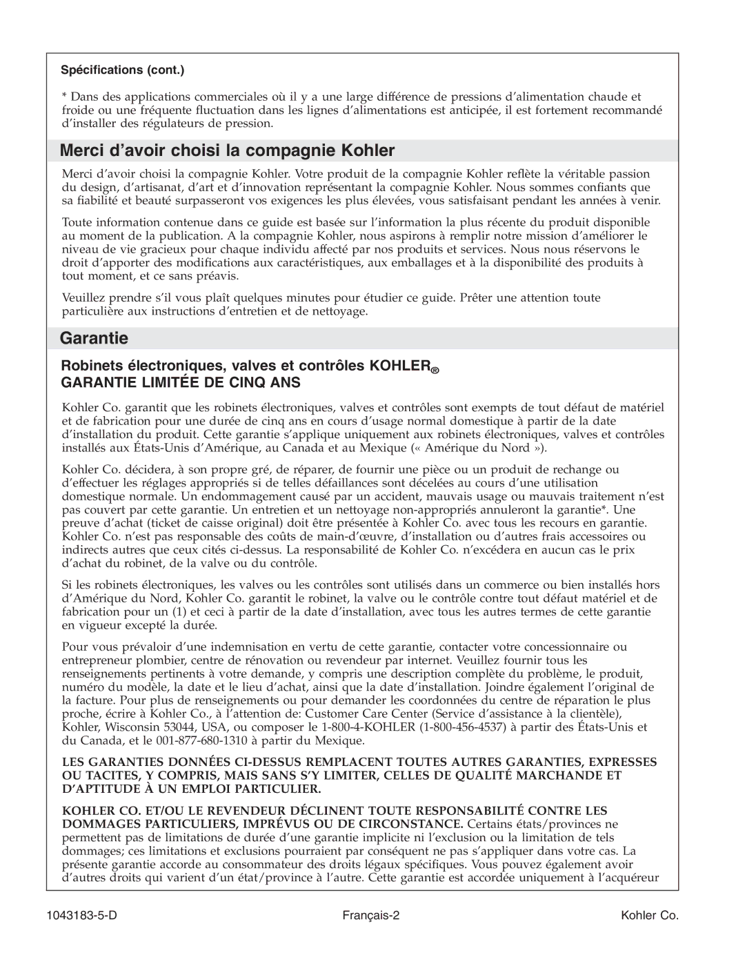 Kohler 1043183-5-D manual Merci d’avoir choisi la compagnie Kohler, Garantie, Spéciﬁcations, D Français-2 Kohler Co 