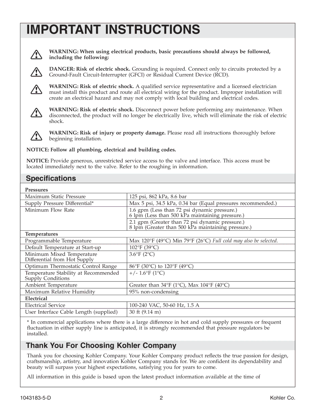 Kohler 1043183-5-D manual Speciﬁcations, Thank You For Choosing Kohler Company, Pressures, Temperatures, Electrical 