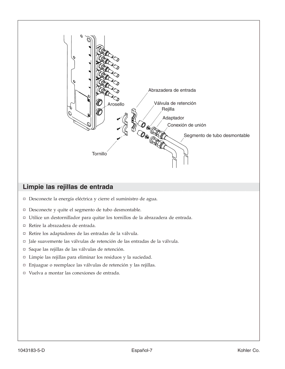 Kohler 1043183-5-D manual Limpie las rejillas de entrada, D Español-7 Kohler Co 