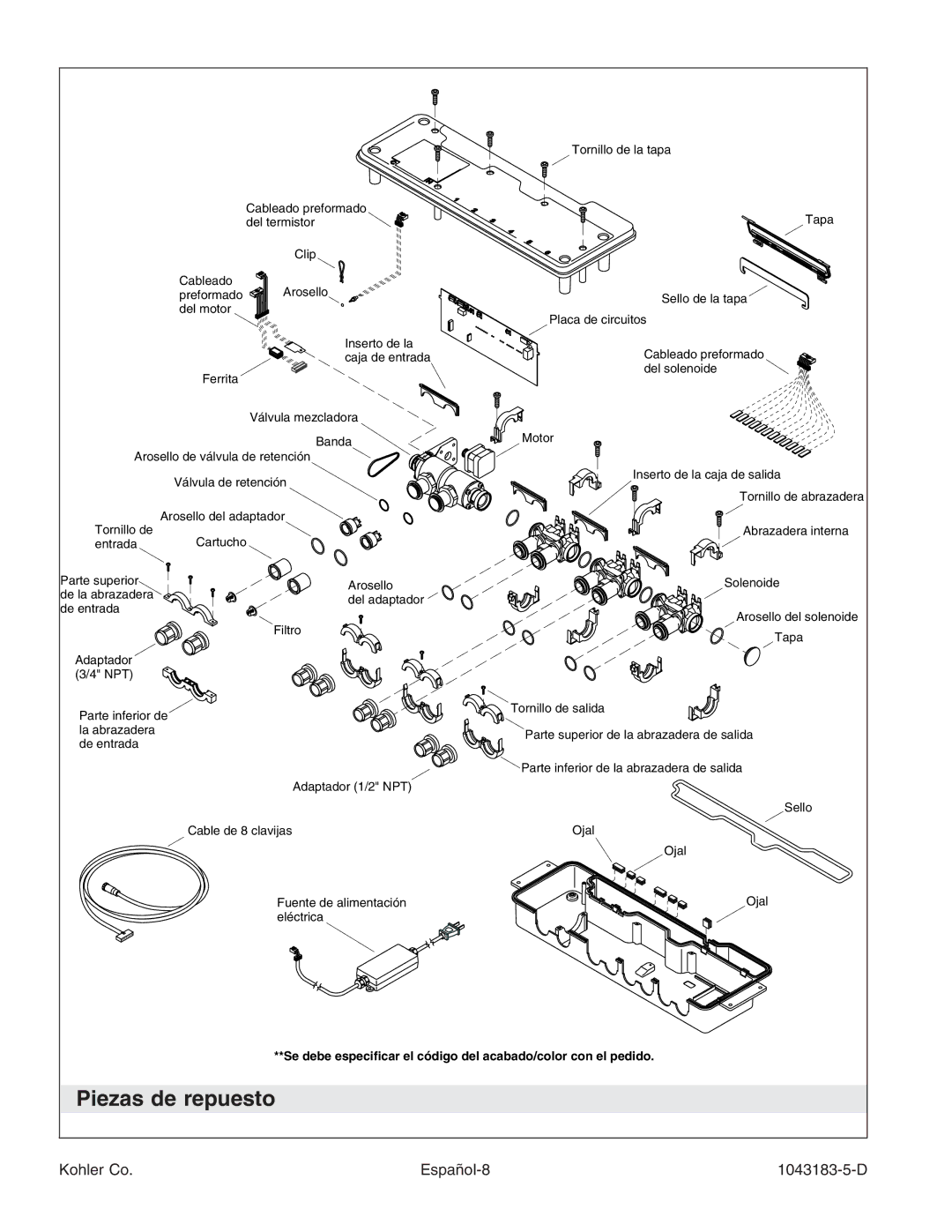 Kohler manual Piezas de repuesto, Kohler Co Español-8 1043183-5-D 