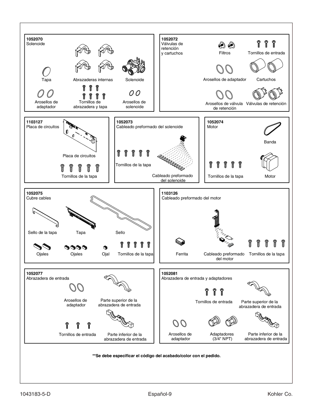 Kohler 1043183-5-D manual D Español-9 Kohler Co, 1052070 