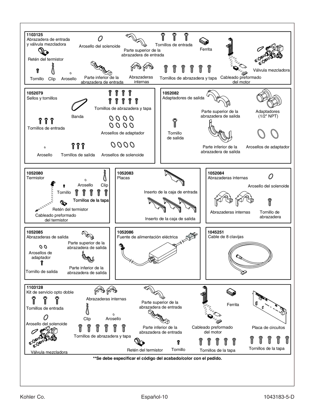 Kohler manual Kohler Co Español-10 1043183-5-D, Tornillos de la tapa, 1052085 