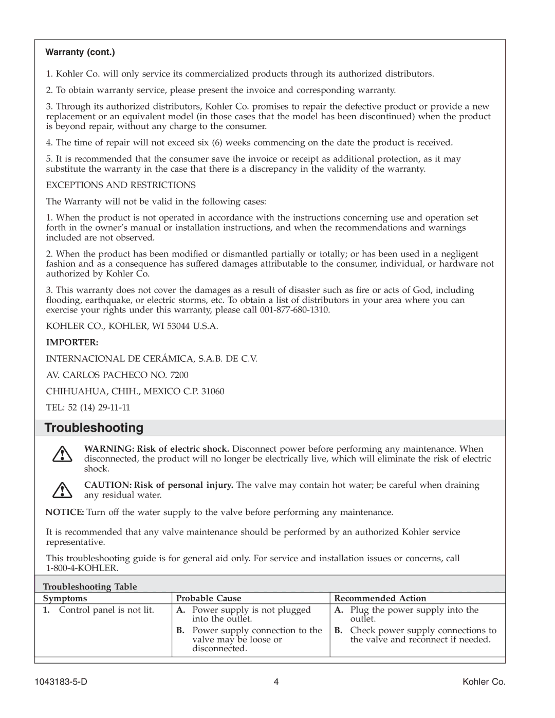 Kohler 1043183-5-D manual Troubleshooting, Warranty 