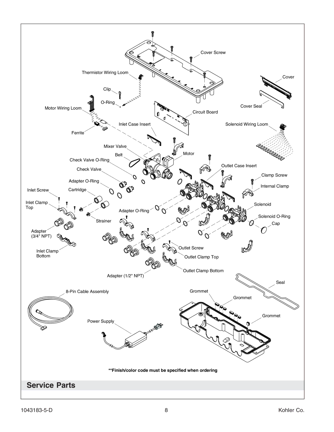 Kohler 1043183-5-D manual Service Parts, Finish/color code must be specified when ordering 