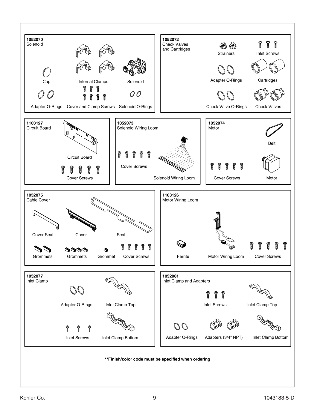 Kohler 1043183-5-D manual 1052070 1052072, 1103127 1052073 1052074, 1052075 1103126, 1052077 1052081 