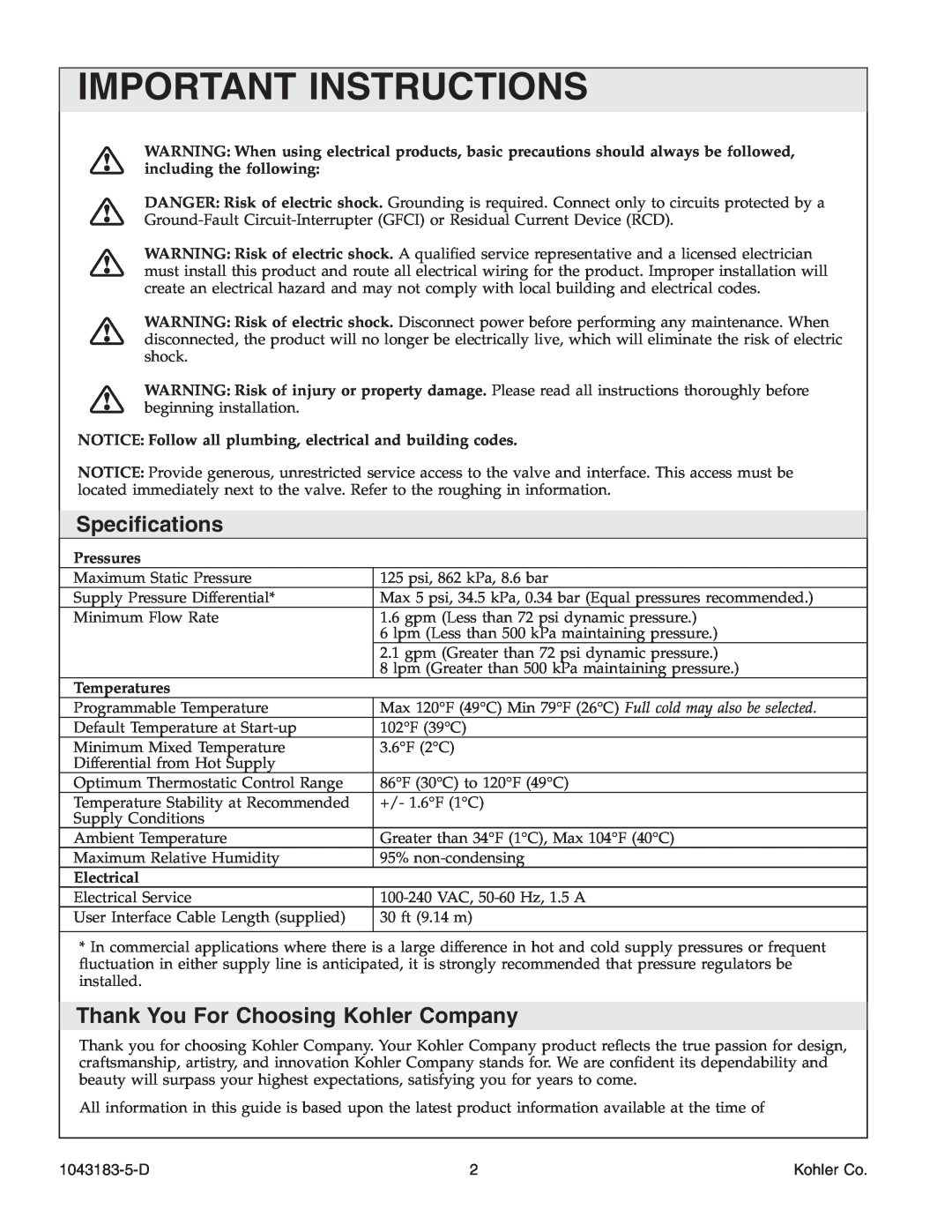 Kohler 1043183-5-D manual Important Instructions, Speciﬁcations, Thank You For Choosing Kohler Company 