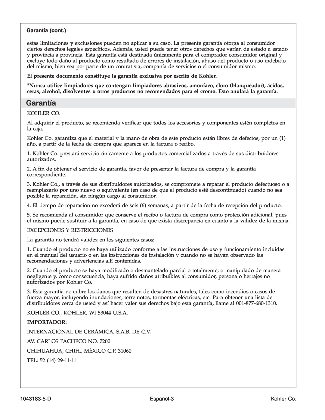 Kohler 1043183-5-D manual Garantía cont, Español-3, Kohler Co 