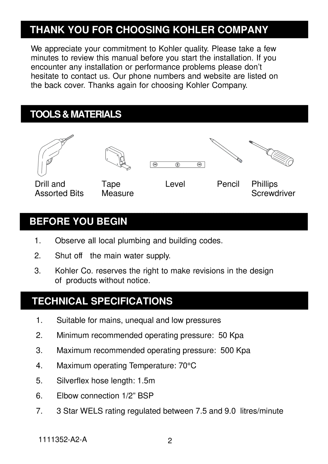 Kohler 10742A-CP Thank YOU for Choosing Kohler Company, Tools & Materials, Before YOU Begin, Technical Specifications 