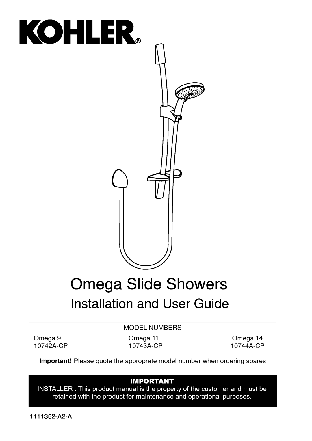 Kohler 10744A-CP manual Omega Slide Showers, Installation and User Guide, Model Numbers, 10742A-CP, 10743A-CP 