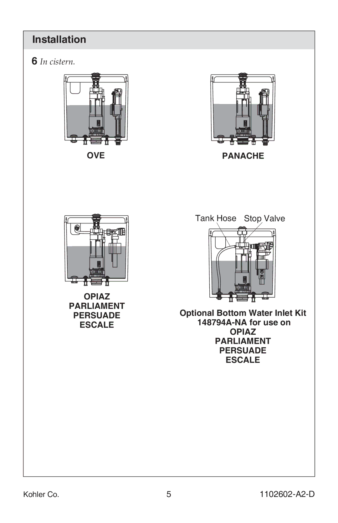 Kohler 1102602-A2-D manual Cistern 