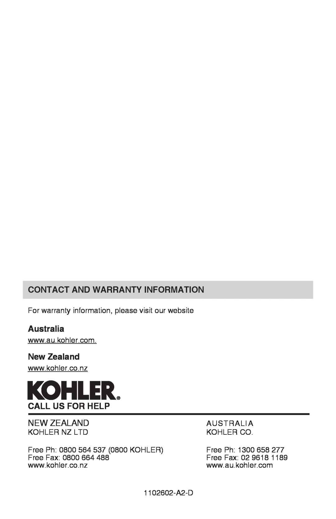 Kohler 1102602-A2-D manual Contact And Warranty Information, Australia, New Zealand, Call Us For Help 