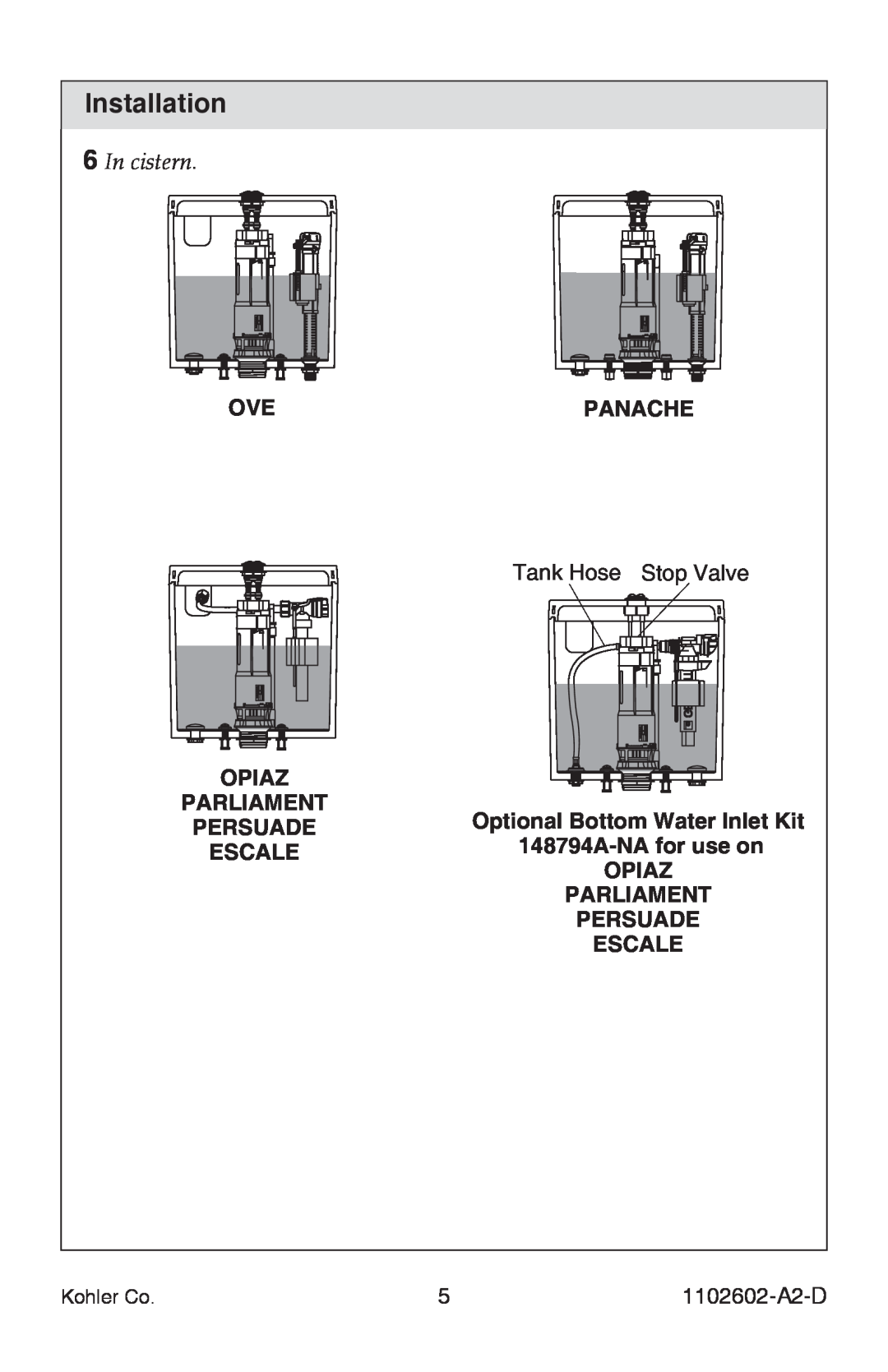 Kohler 1102602-A2-D manual In cistern, Installation, Panache 