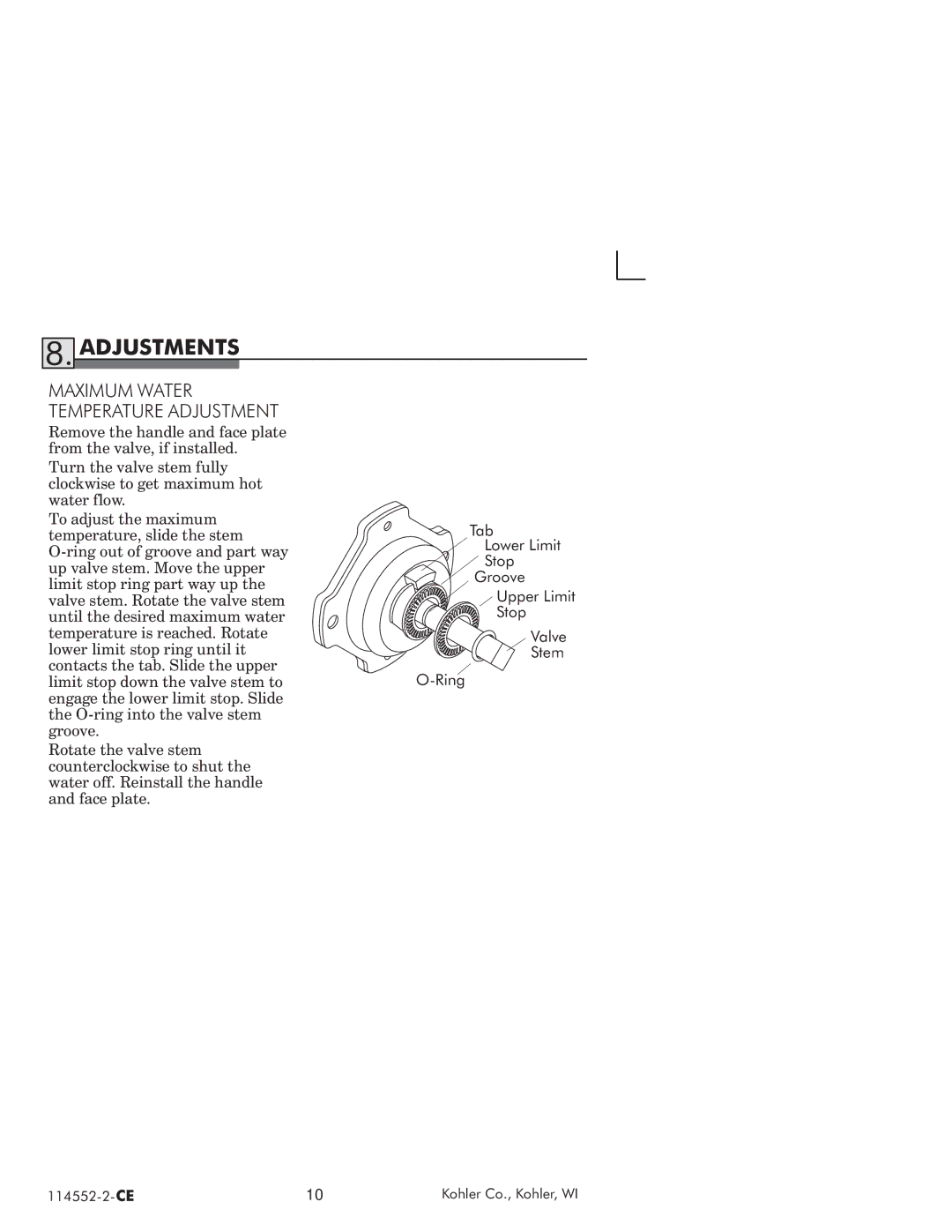 Kohler 114522-2-CE manual Adjustments, Mximum Wter Temperture Djustment 