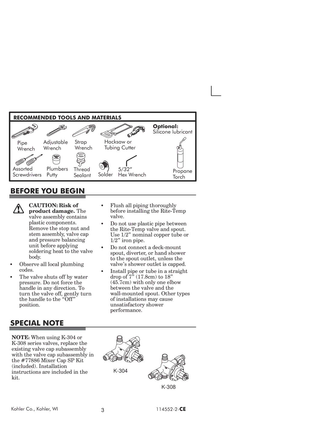 Kohler 114522-2-CE manual Before YOU Begin, Special Note 