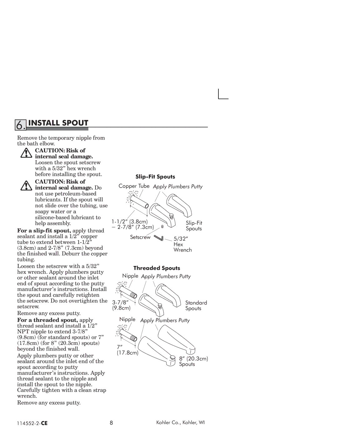 Kohler 114522-2-CE manual Install Spout 