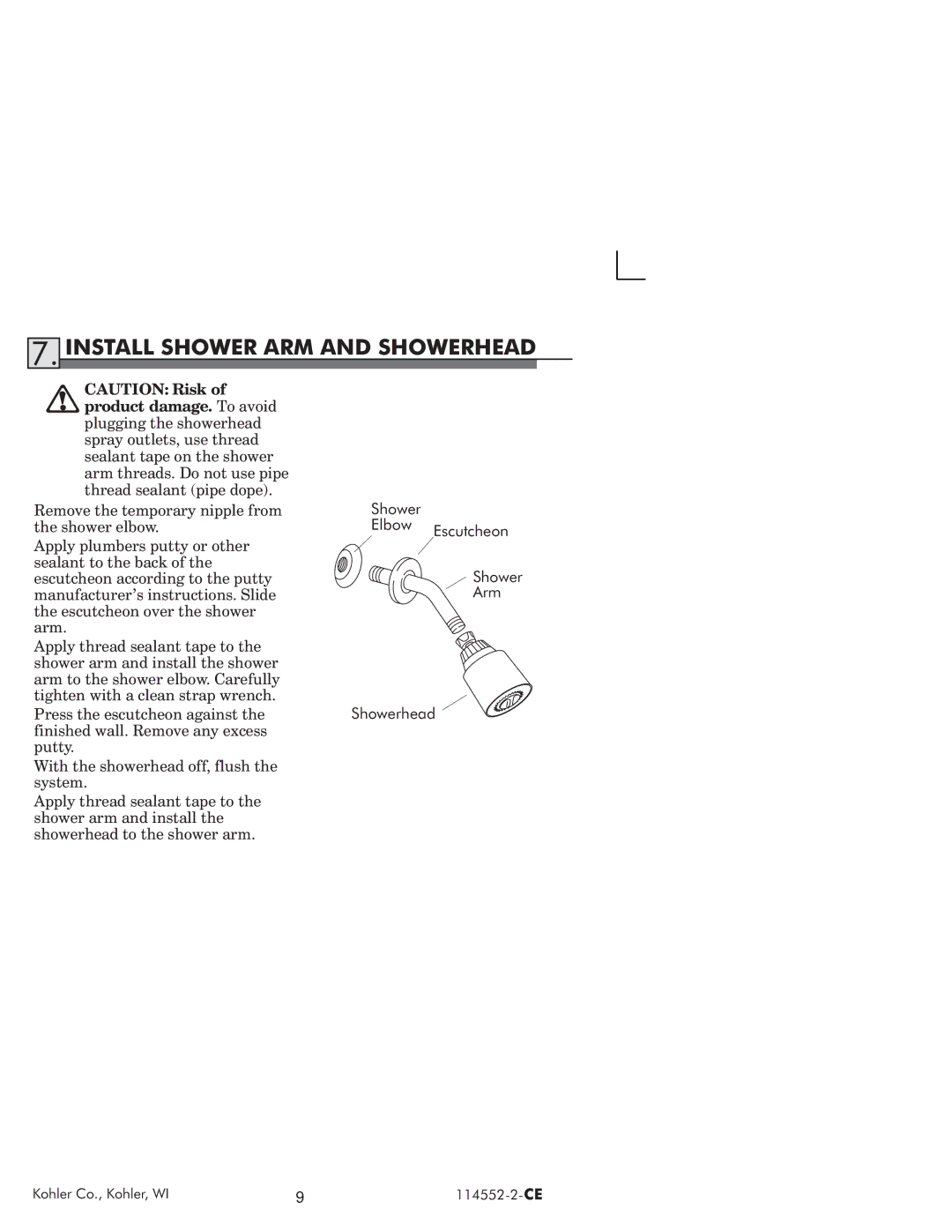 Kohler 114522-2-CE manual Install Shower ARM and Showerhead 