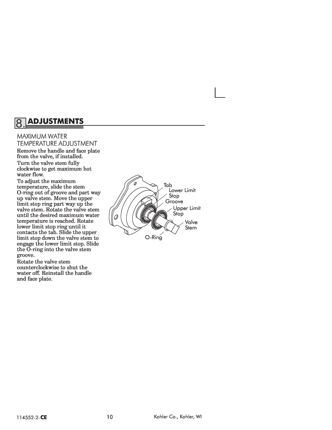 Kohler 114522-2-CE manual Adjustments, Mximum Wter Temperture Djustment 