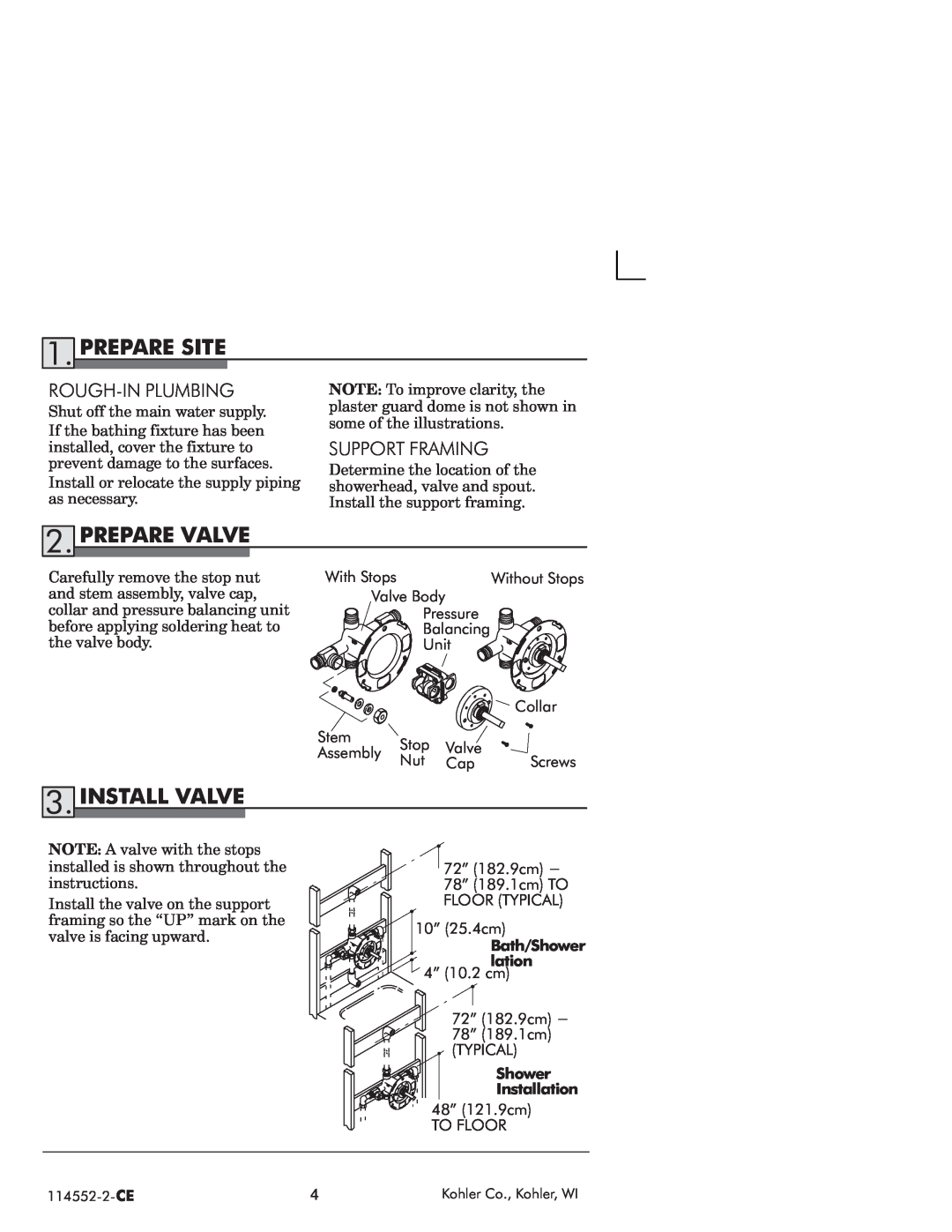 Kohler 114522-2-CE manual Site, Prepare Valve, Install Valve, Roughin, Pluming, Frming, Support 