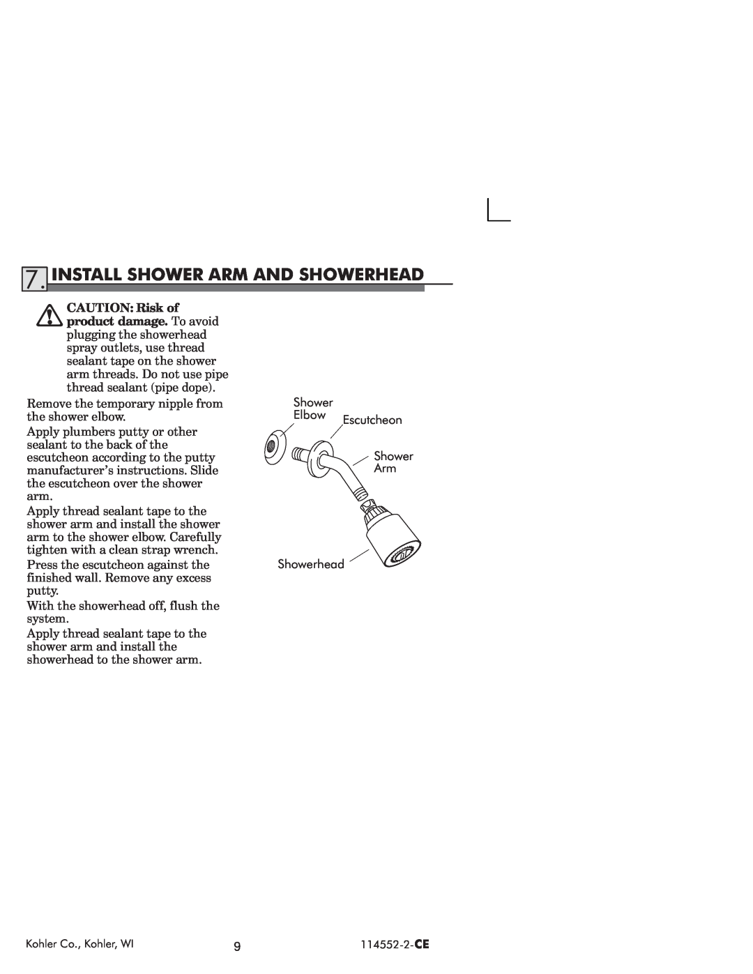 Kohler 114522-2-CE manual Install Shower Arm And Showerhead 