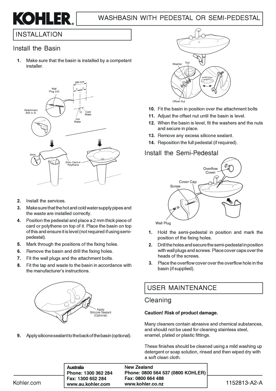 Kohler 1152813-A2-A manual Washbasin With Pedestal Or Semi-Pedestal, INSTALLATION Install the Basin, Australia, Phone, Fax 