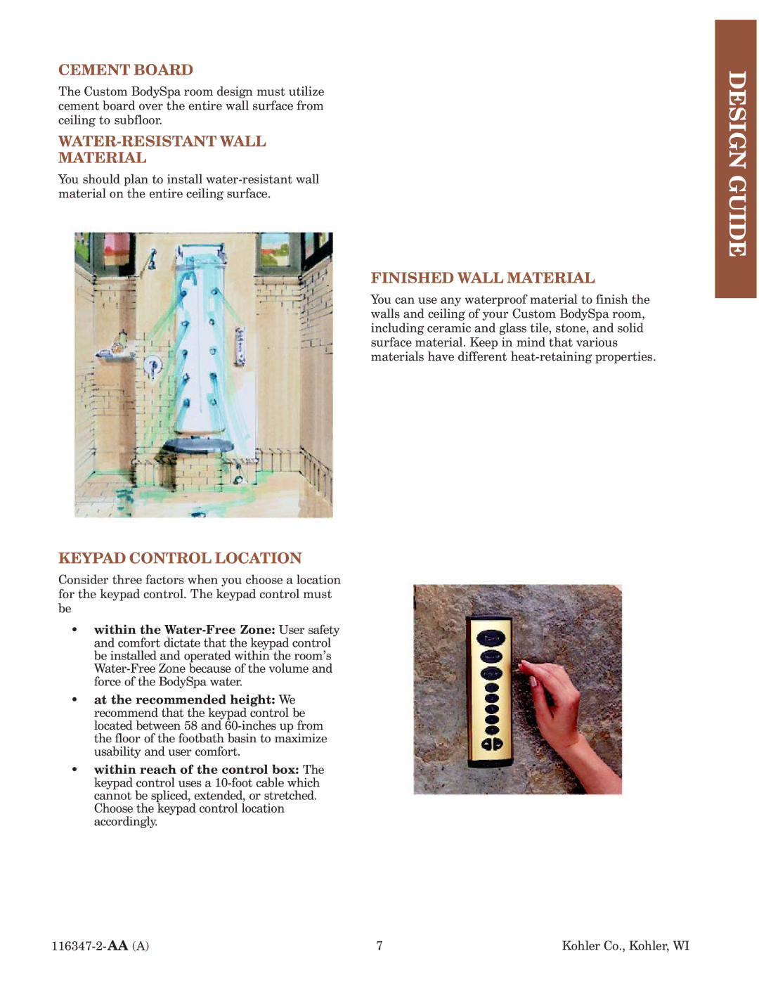 Kohler 116347-2 manual Cement Board, WATER*RESISTANT Wall Material, Finished Wall Material, Keypad Control Location 