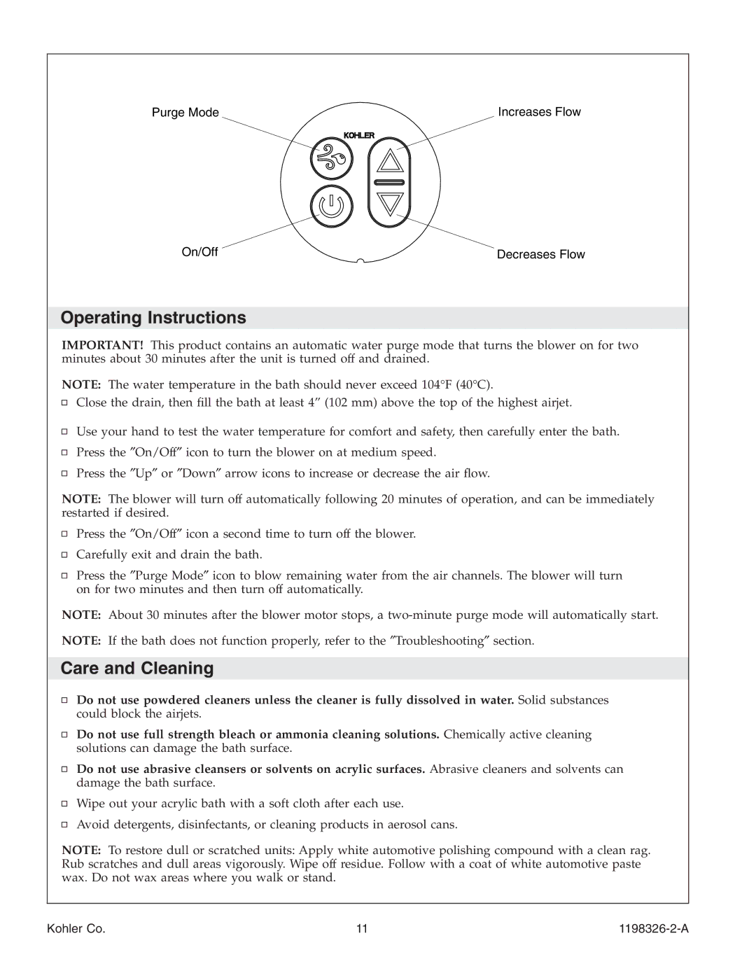 Kohler 1198326-2-A manual Operating Instructions, Care and Cleaning 