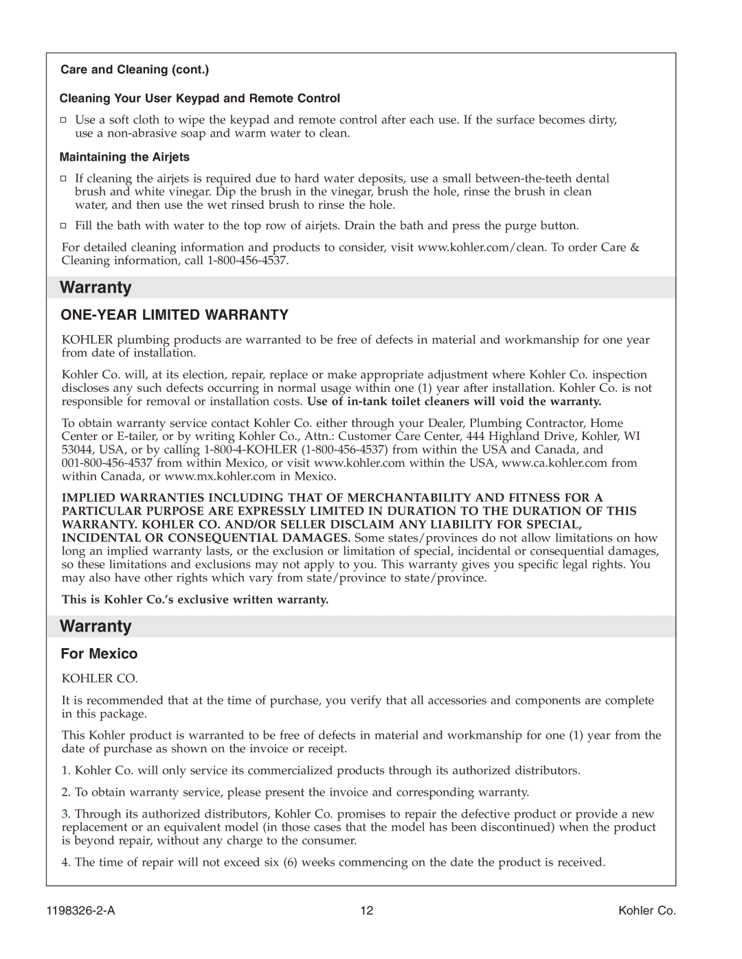 Kohler 1198326-2-A manual Warranty, For Mexico, Maintaining the Airjets 