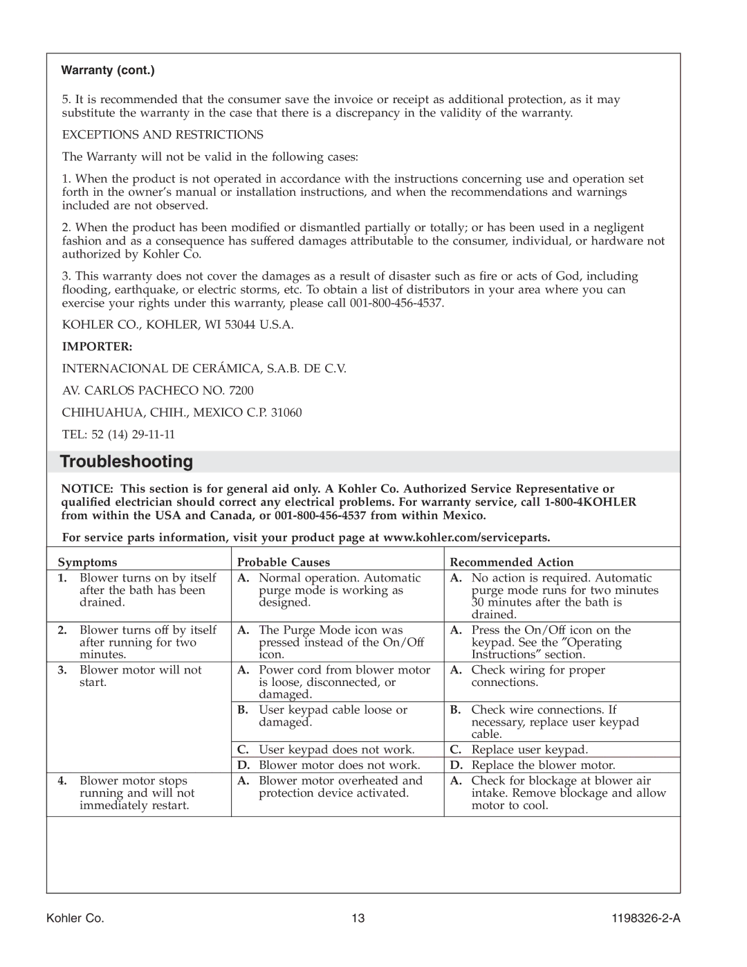 Kohler 1198326-2-A manual Troubleshooting, Warranty 