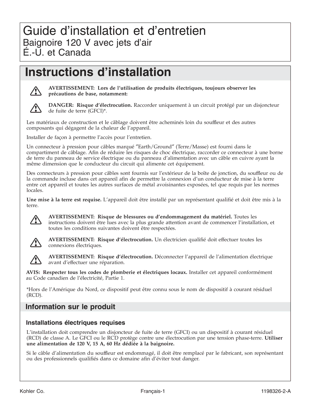 Kohler 1198326-2-A manual Instructions d’installation, Information sur le produit, Installations électriques requises 