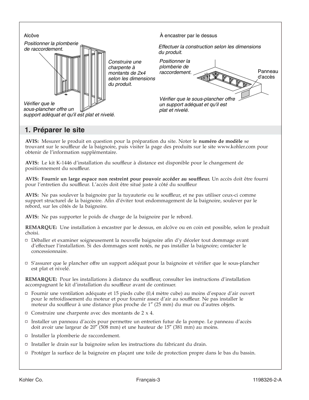 Kohler 1198326-2-A manual Préparer le site 