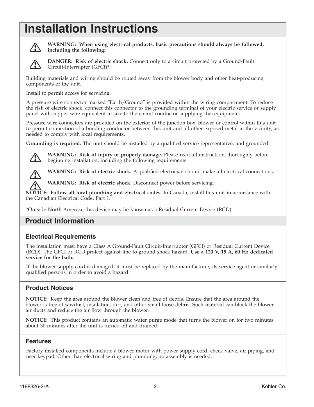 Kohler 1198326-2-A manual Installation Instructions, Product Information, Electrical Requirements, Product Notices Features 