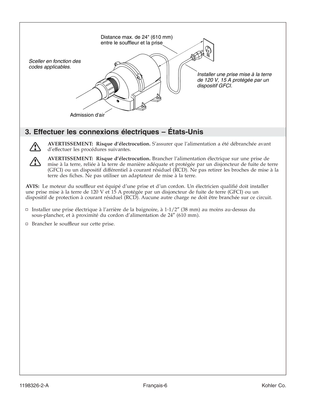 Kohler 1198326-2-A manual Effectuer les connexions électriques États-Unis 