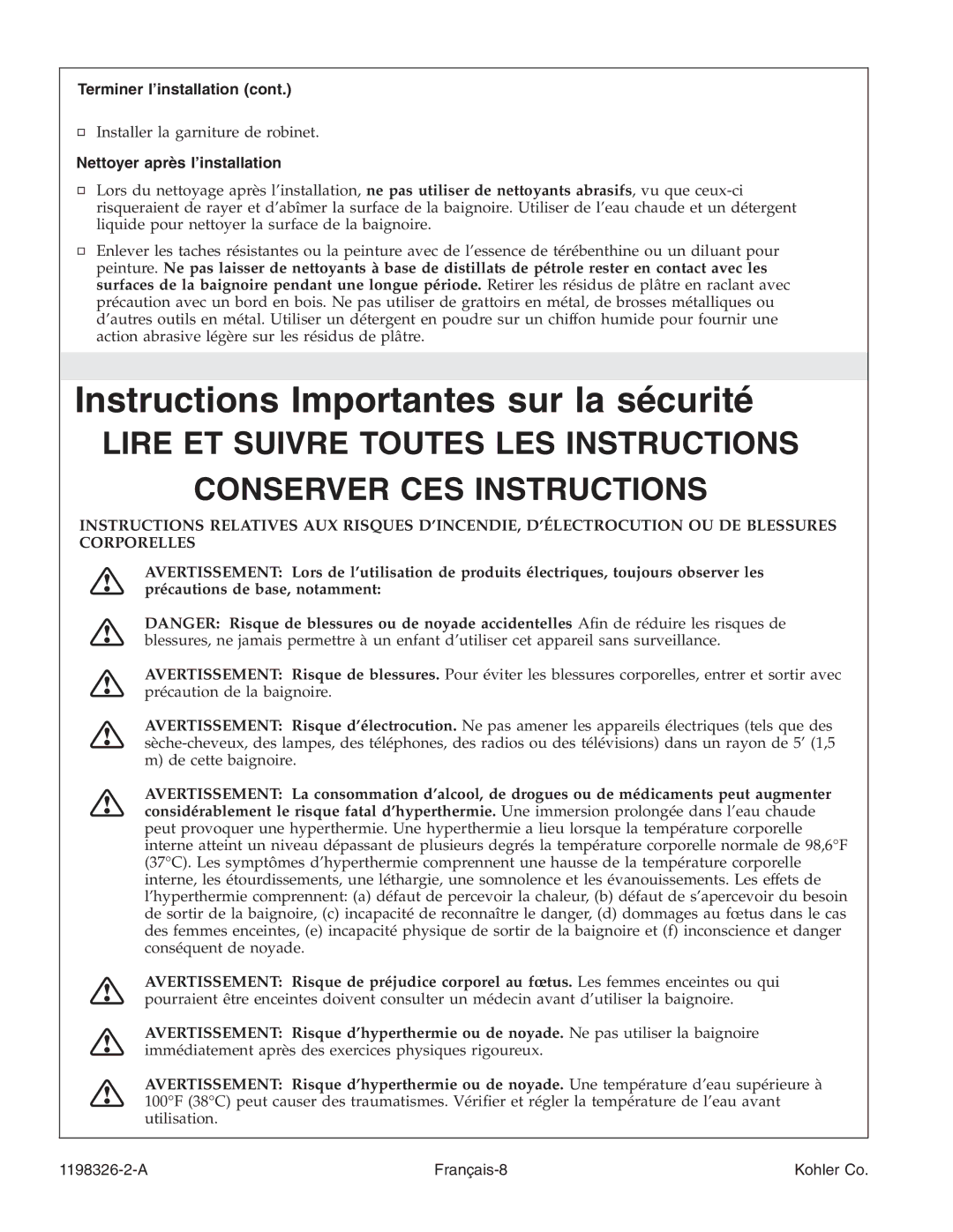 Kohler 1198326-2-A manual Instructions Importantes sur la sécurité, Nettoyer après l’installation 