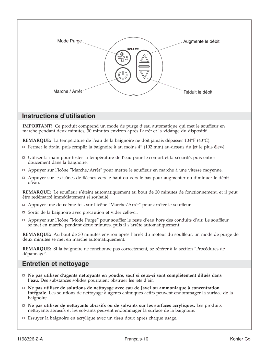 Kohler 1198326-2-A manual Instructions d’utilisation, Entretien et nettoyage 