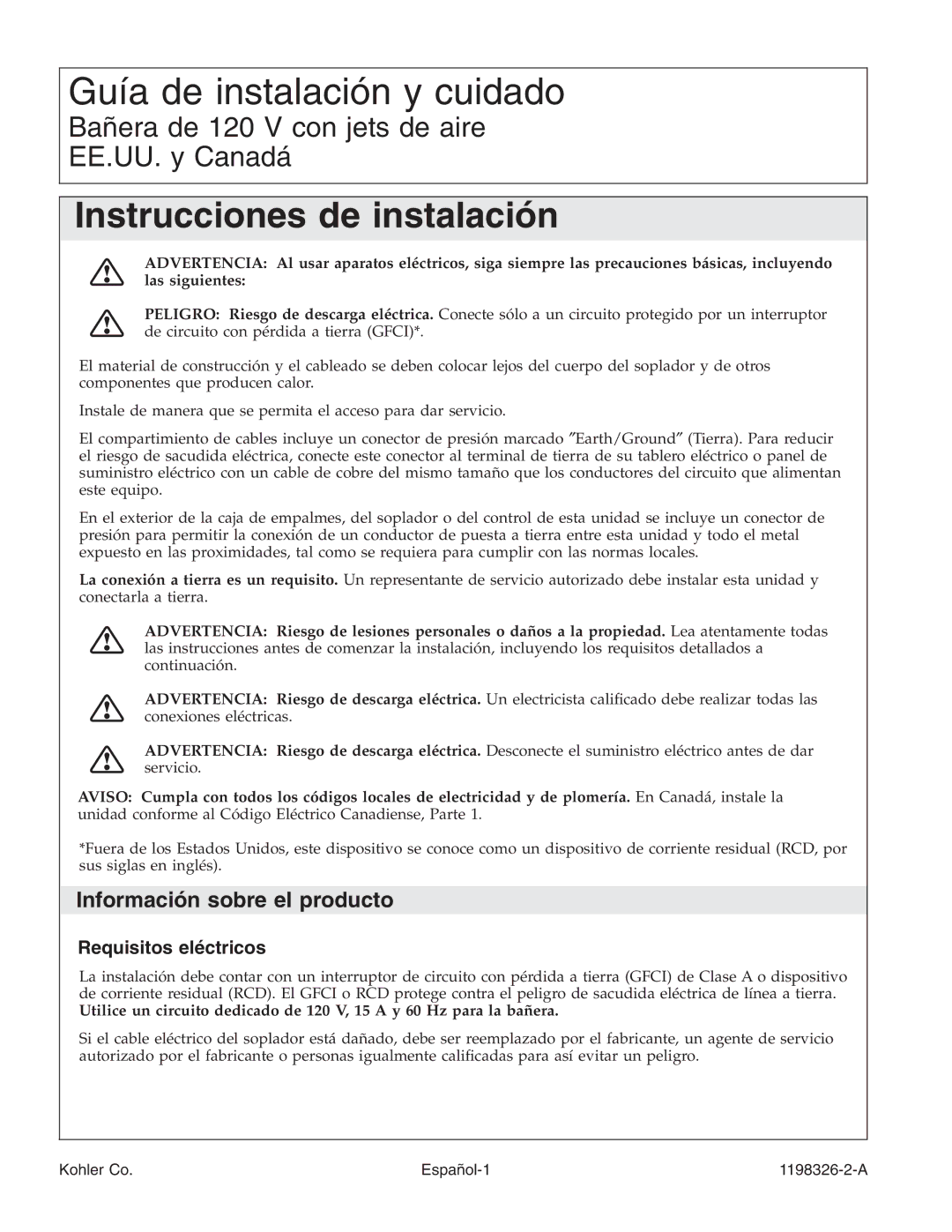 Kohler 1198326-2-A manual Instrucciones de instalación, Información sobre el producto, Requisitos eléctricos 