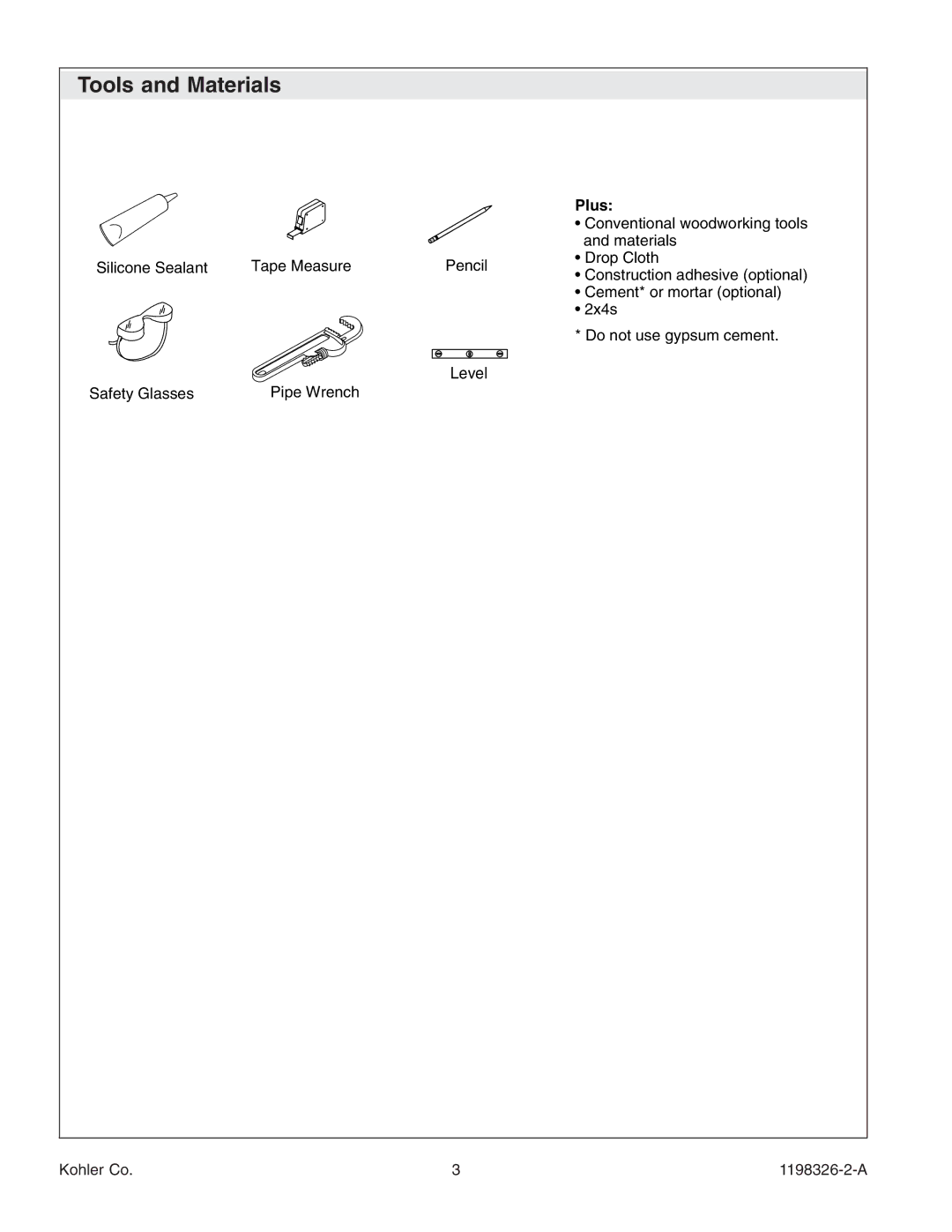 Kohler 1198326-2-A manual Tools and Materials, Level 