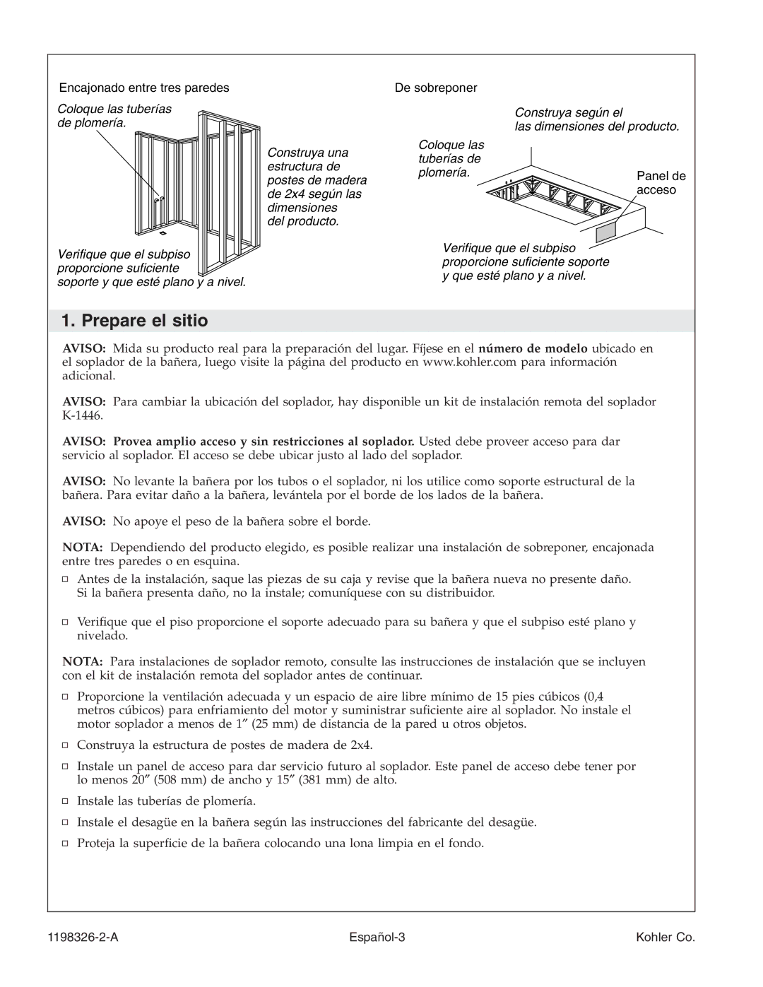 Kohler 1198326-2-A manual Prepare el sitio 